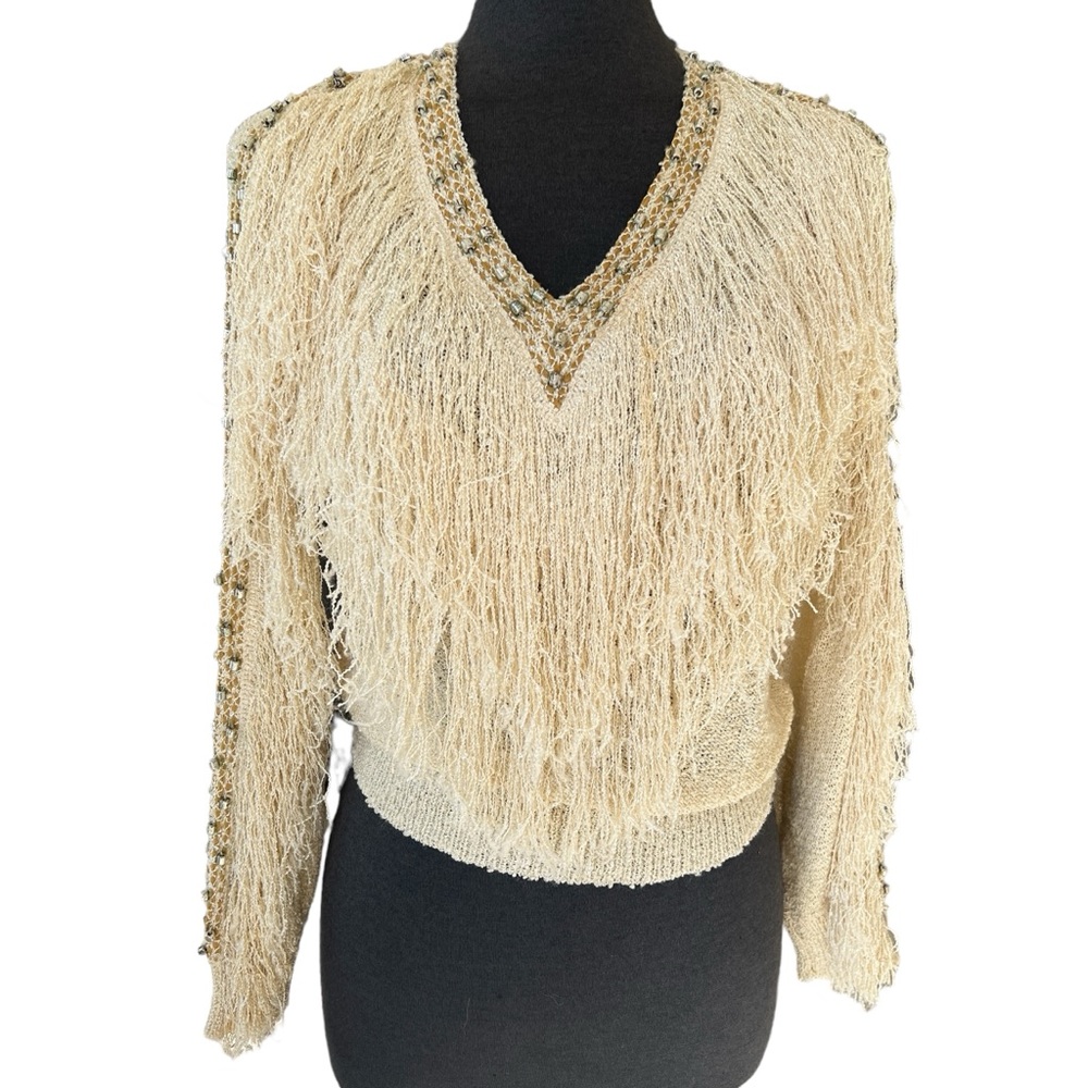 VINTAGE FRENCH RAGS HAND LOOMED FRINGE  SWEATER SIZE SMALL